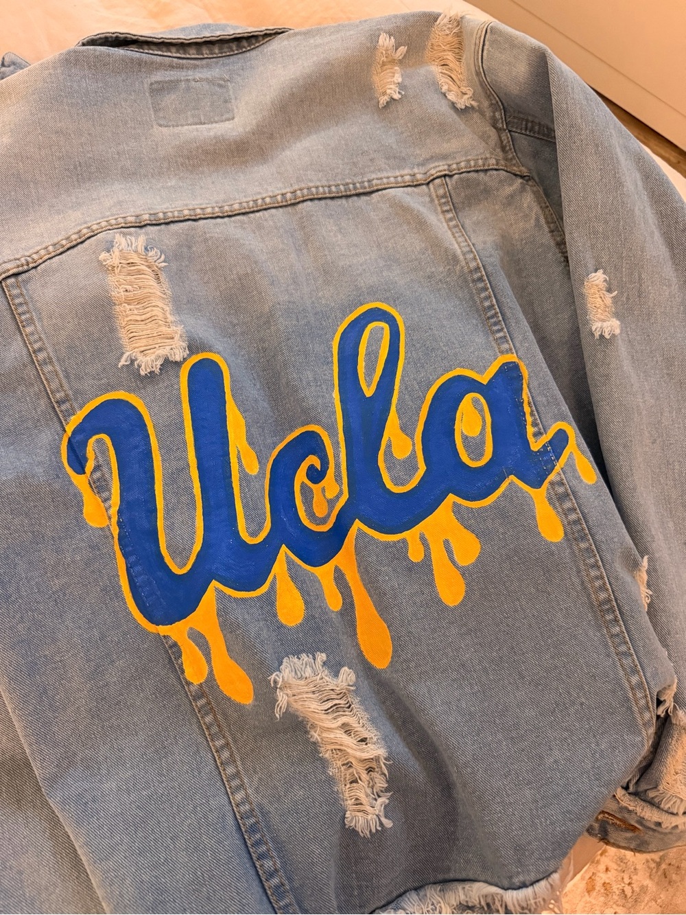UCLA Oversized Blue & Yellow Distressed Denim Jacket